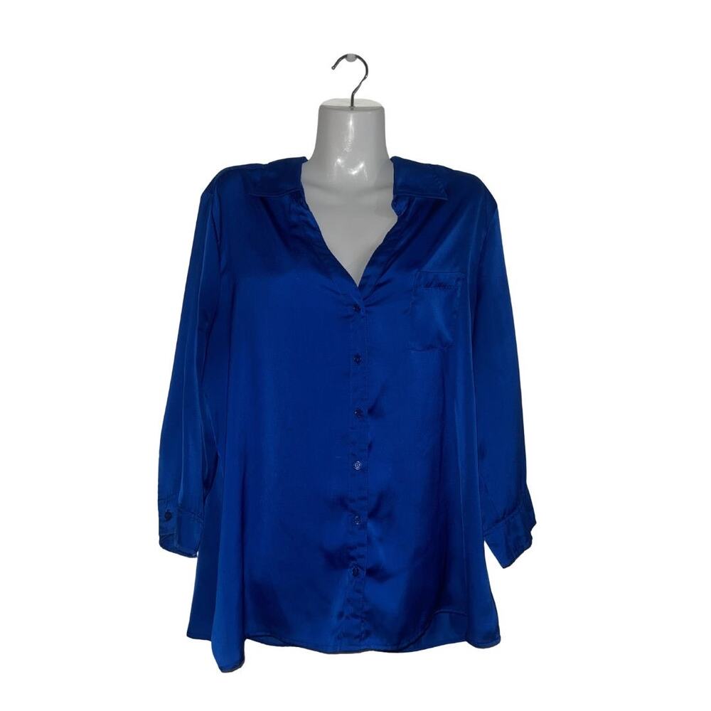 Apt. 9 Royal Blue Button Up Long Sleeve Satin Blouse SZ XL Career Chic Office